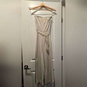 Casual Strapless Cream Jumpsuit with Tassel Belt. Size XS